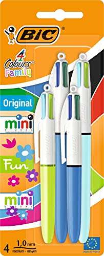 BIC 4 Colours Family Pen Pack of Retractable Ballpoint Pens with Four Ink Colours, Set of 4 (2 Mini, 2 Original)